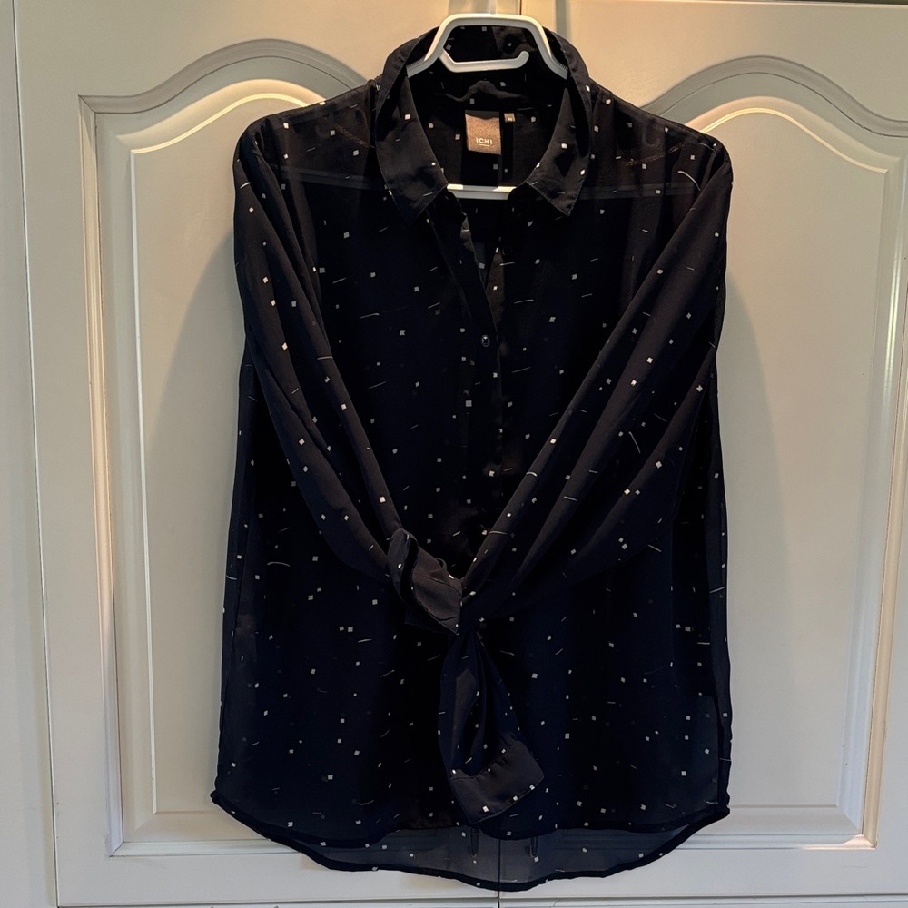 ICHI Navy Blouse with White Squares